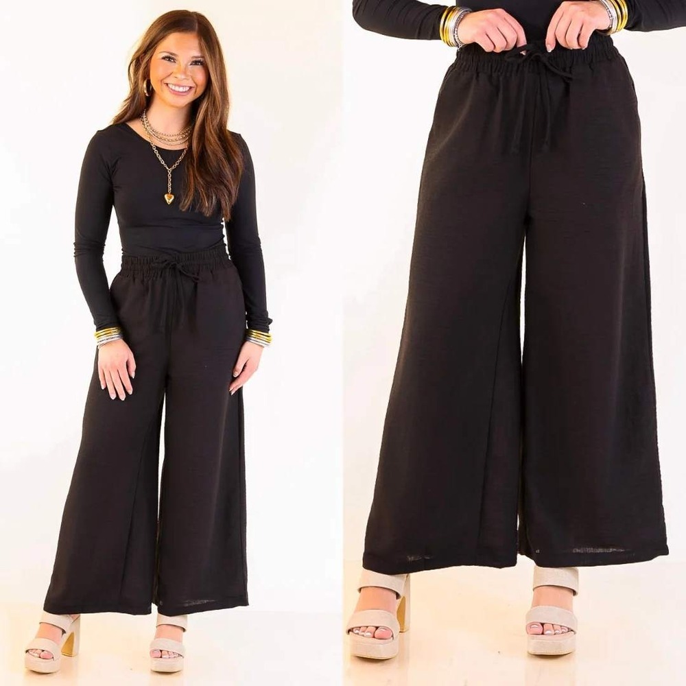Flowy Medium Wide Leg Pants Black Paperbag Waist Drawstring Palazzo Minimalist